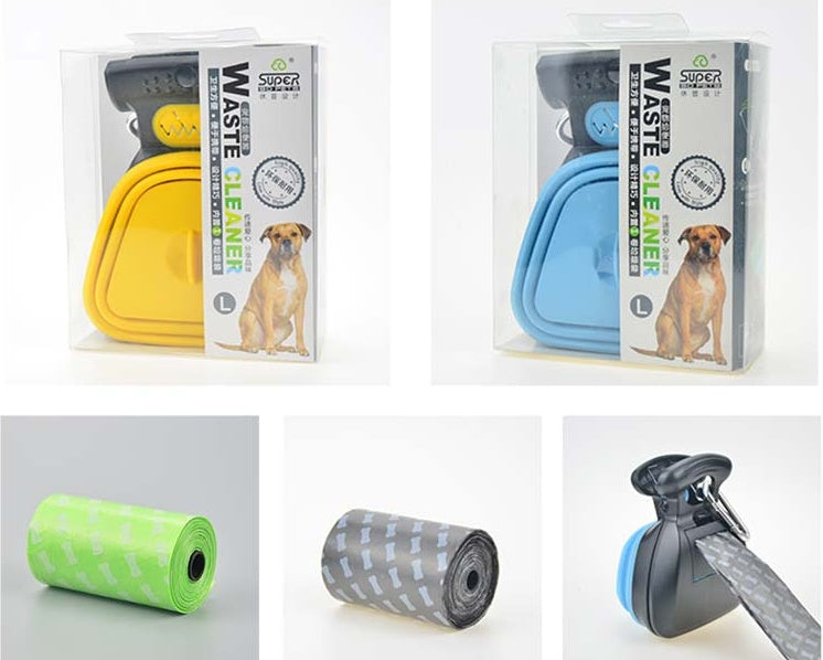 Retail packaging for the foldable dog pooper scooper with rolls of waste bags in green and grey