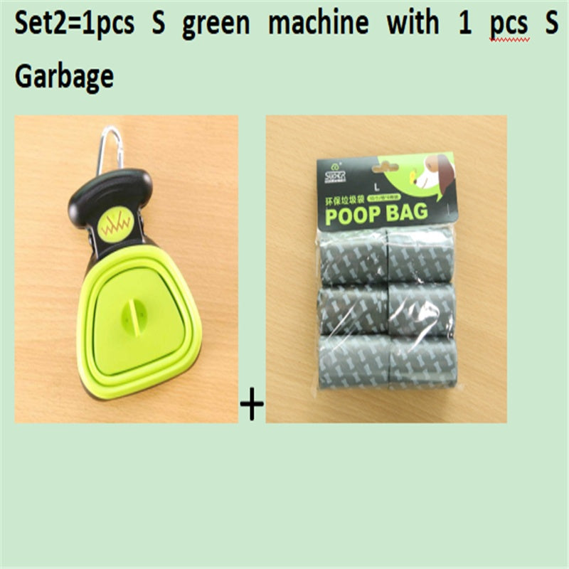Set option: green foldable pooper scooper hanging beside a roll of grey waste bags