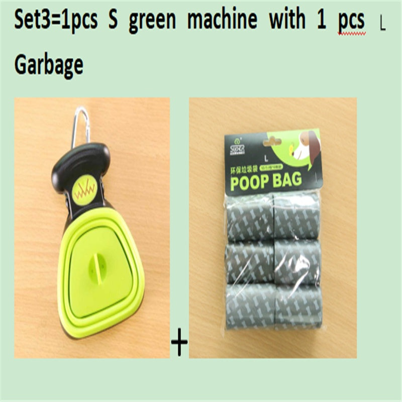 Set option: green foldable pooper scooper with a roll of grey waste bags