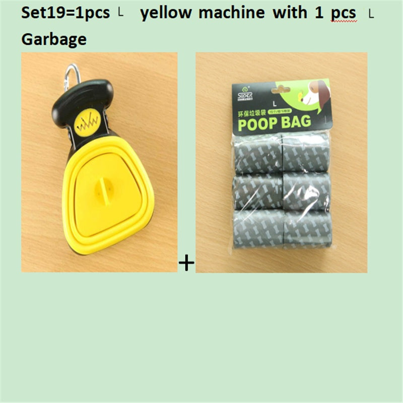 Set option: yellow foldable pooper scooper with a roll of grey waste bags