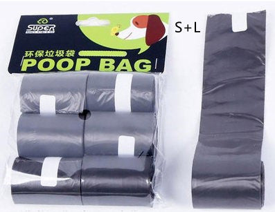 Combined pack of small and large grey dog waste bag rolls in retail packaging