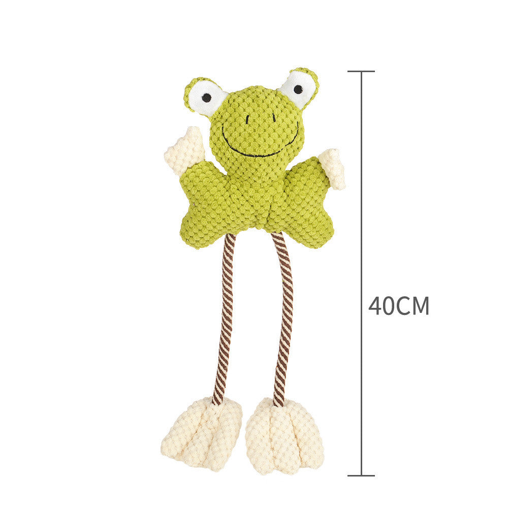 Full-length green frog squeaky plush dog toy with long braided rope legs and white webbed feet on a white background, shown with a 40 cm height measurement