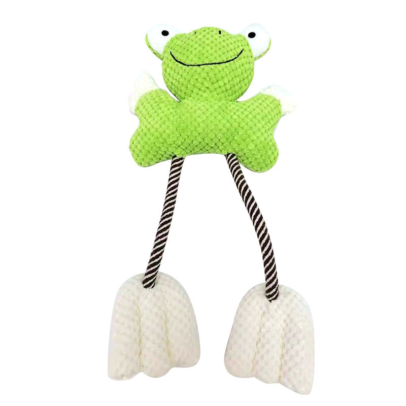 Green frog squeaky plush dog toy with large white eyes, braided rope legs, and white webbed feet on a white background