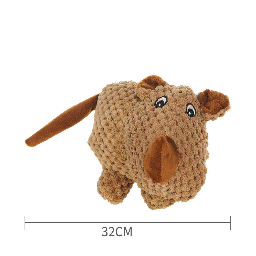 Tan crocheted-style squeaky plush dog toy with floppy ears, shown on a white background with a 32 cm width measurement
