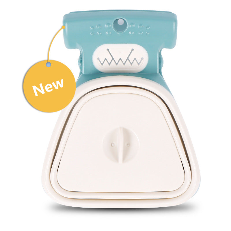 Front view of the white and teal foldable dog pooper scooper