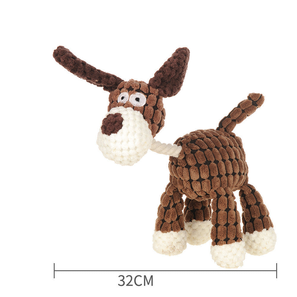 Brown crocheted-style squeaky plush dog toy with a long snout, white muzzle, floppy ears, and white feet on a white background with a 32 cm width measurement