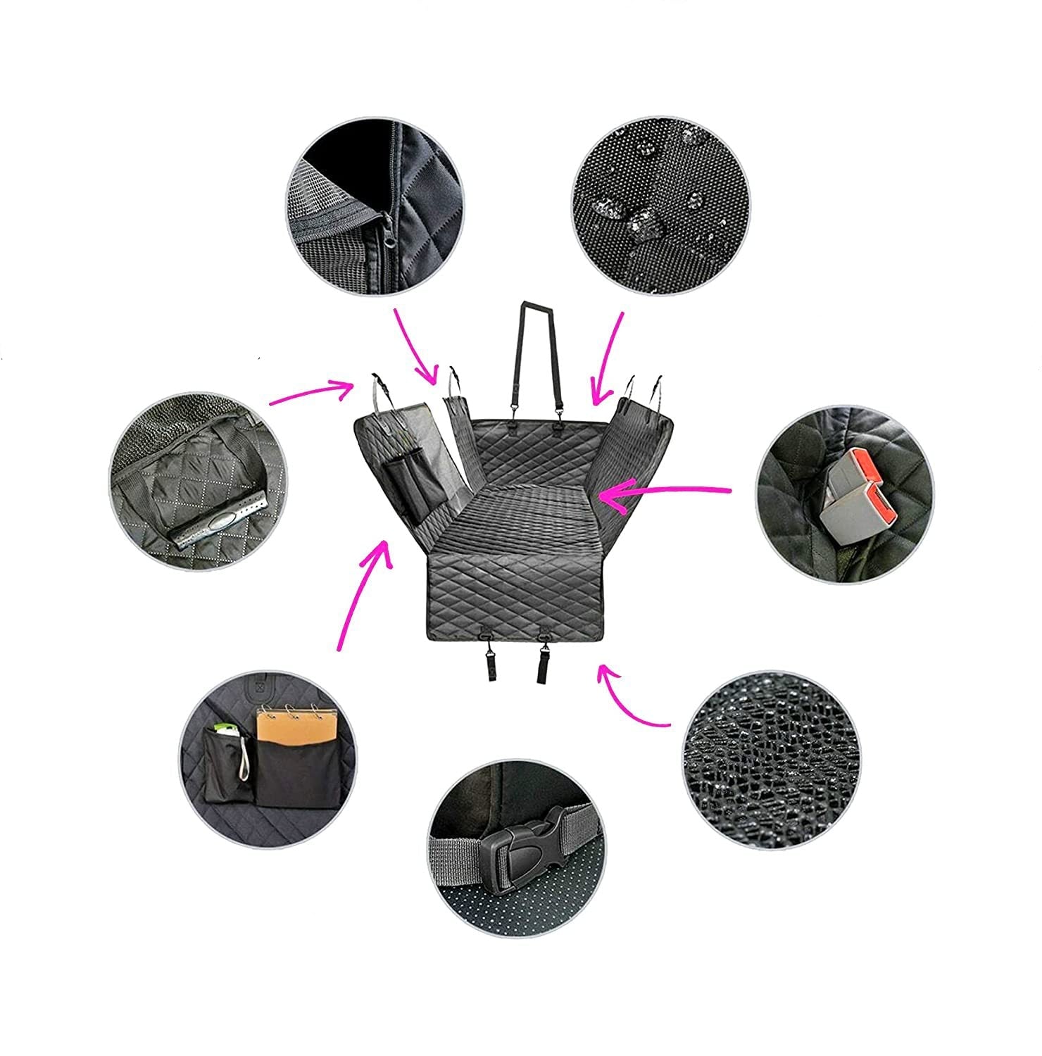Dog car seat cover features: zippered viewing window, waterproof 600D Oxford fabric, seatbelt openings, side storage pockets and non-slip backing
