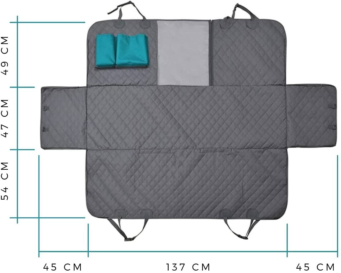 Dog car seat cover dimensions diagram showing hammock size of 137 x 147 cm fitting most cars and SUVs