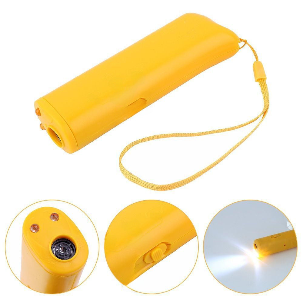 Yellow ultrasonic dog trainer with wrist strap, plus three close-up insets showing the ultrasonic emitter, the side power switch, and the LED flashlight lit.