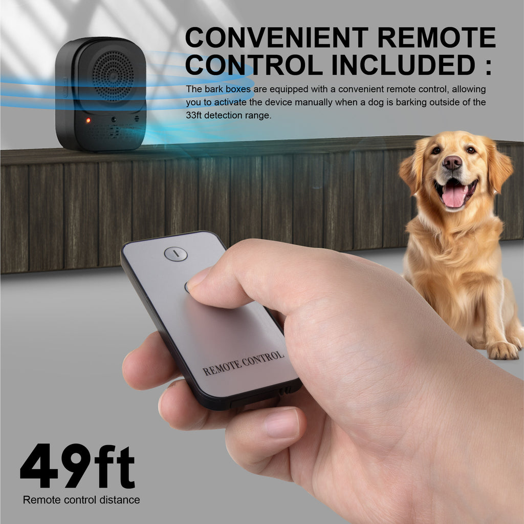 Hand holding the device's remote control in the foreground, with the anti-barking unit and a golden retriever behind, highlighting the 49 ft remote control range.