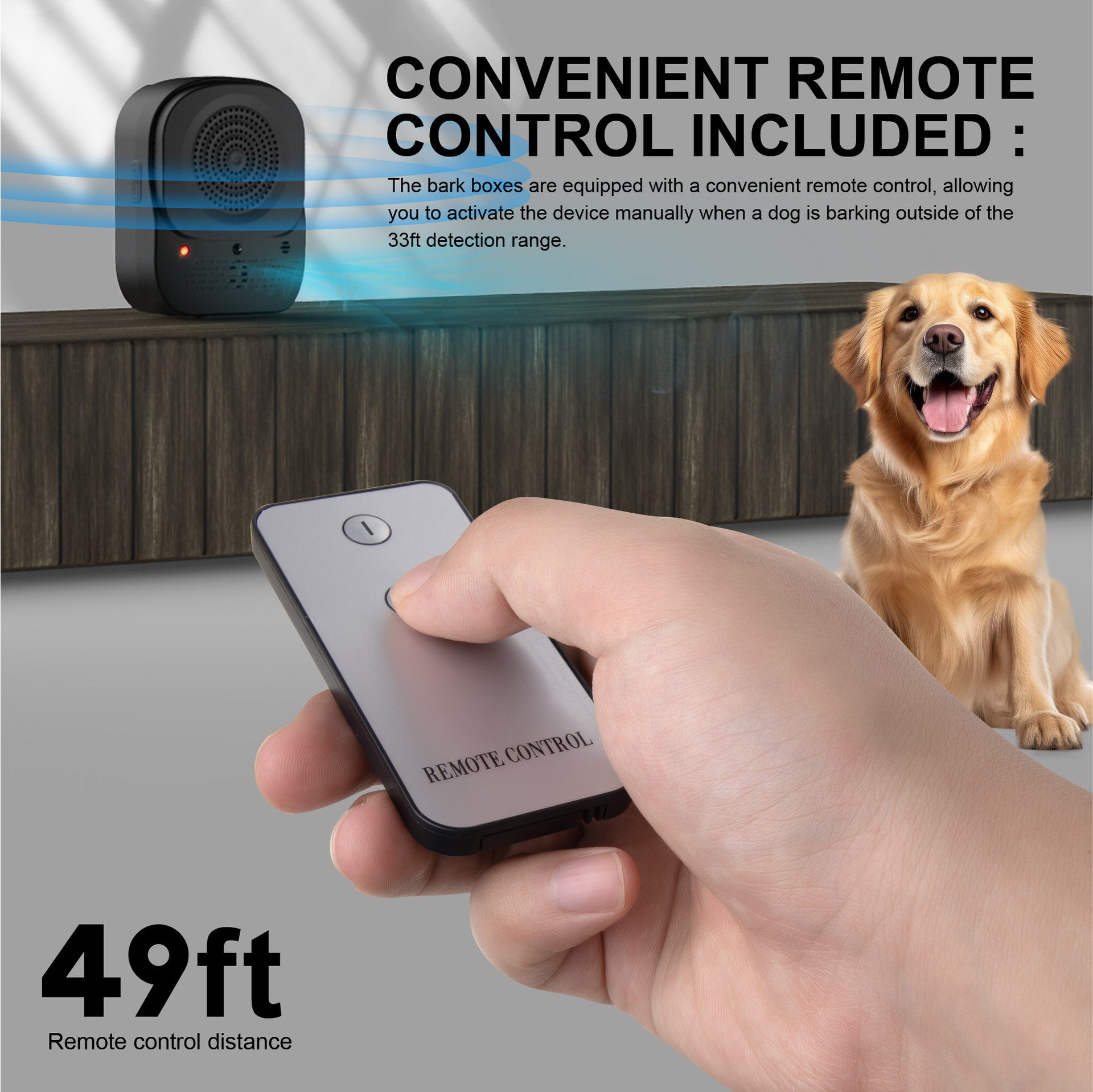 Hand holding the device's remote control in the foreground, with the anti-barking unit and a golden retriever behind, highlighting the 49 ft remote control range.