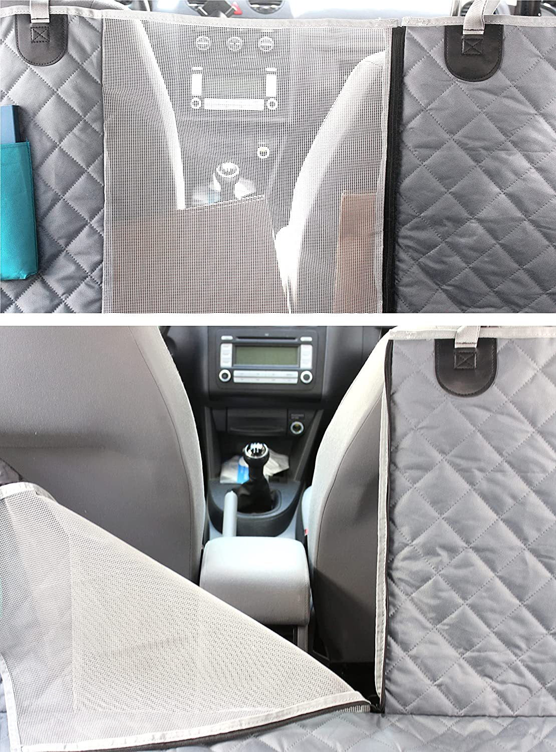 Gray quilted dog car seat cover installed with side door flap open, mesh viewing window and side storage pocket visible above the car's center console