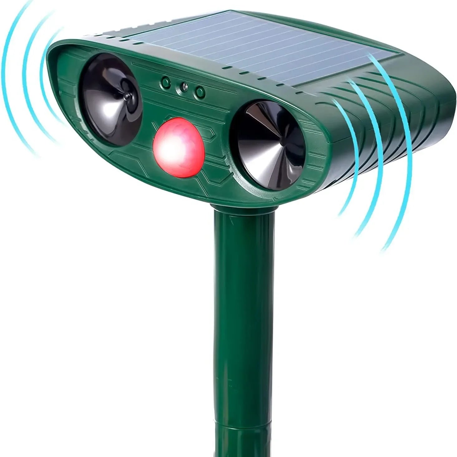 Close-up of the green solar repellent head with its two dark speaker cones, glowing red motion-sensor light, and blue ultrasonic waves radiating from each side.