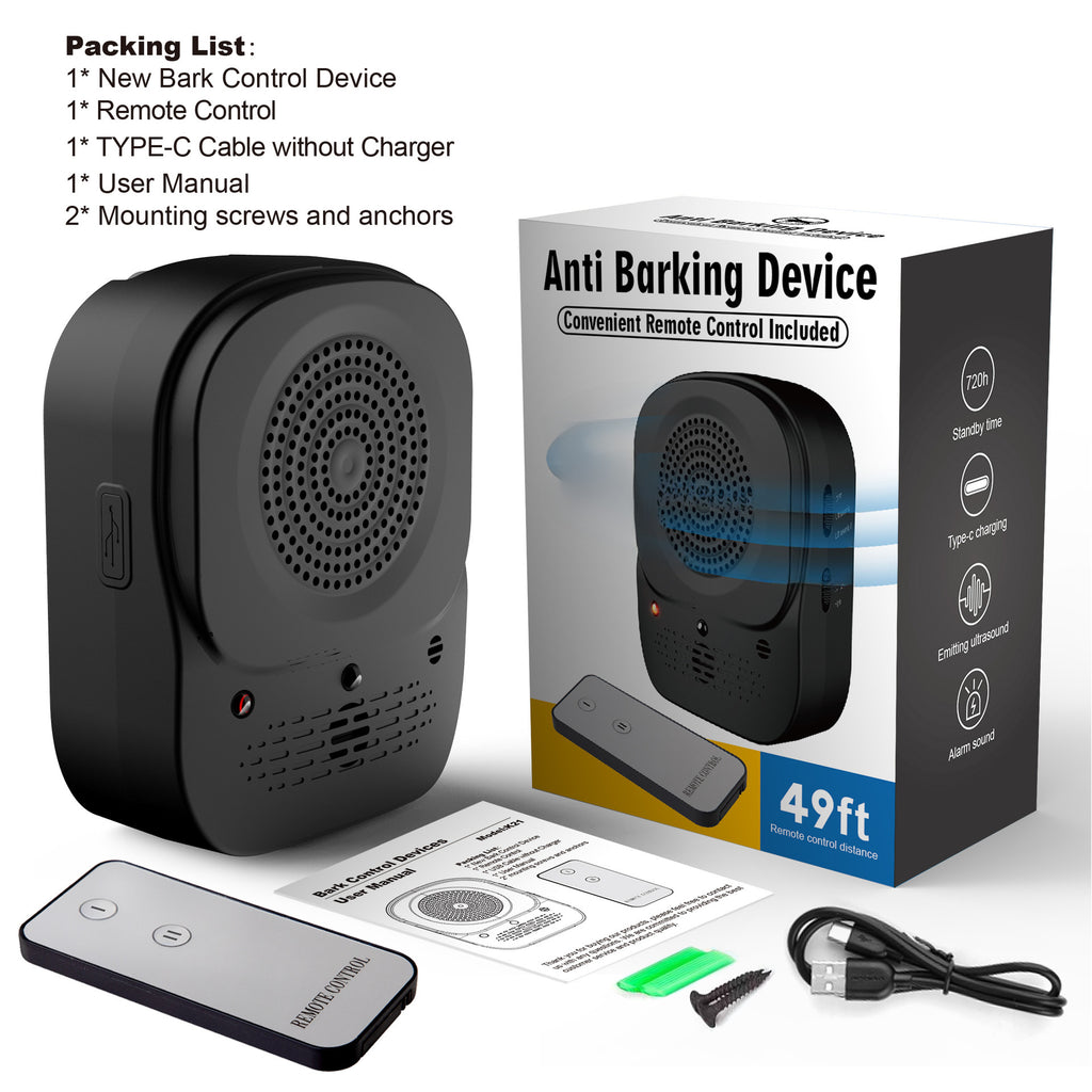 Anti-barking device shown with its retail box, remote control, USB-C cable, user manual, and mounting screws laid out as a packing list.