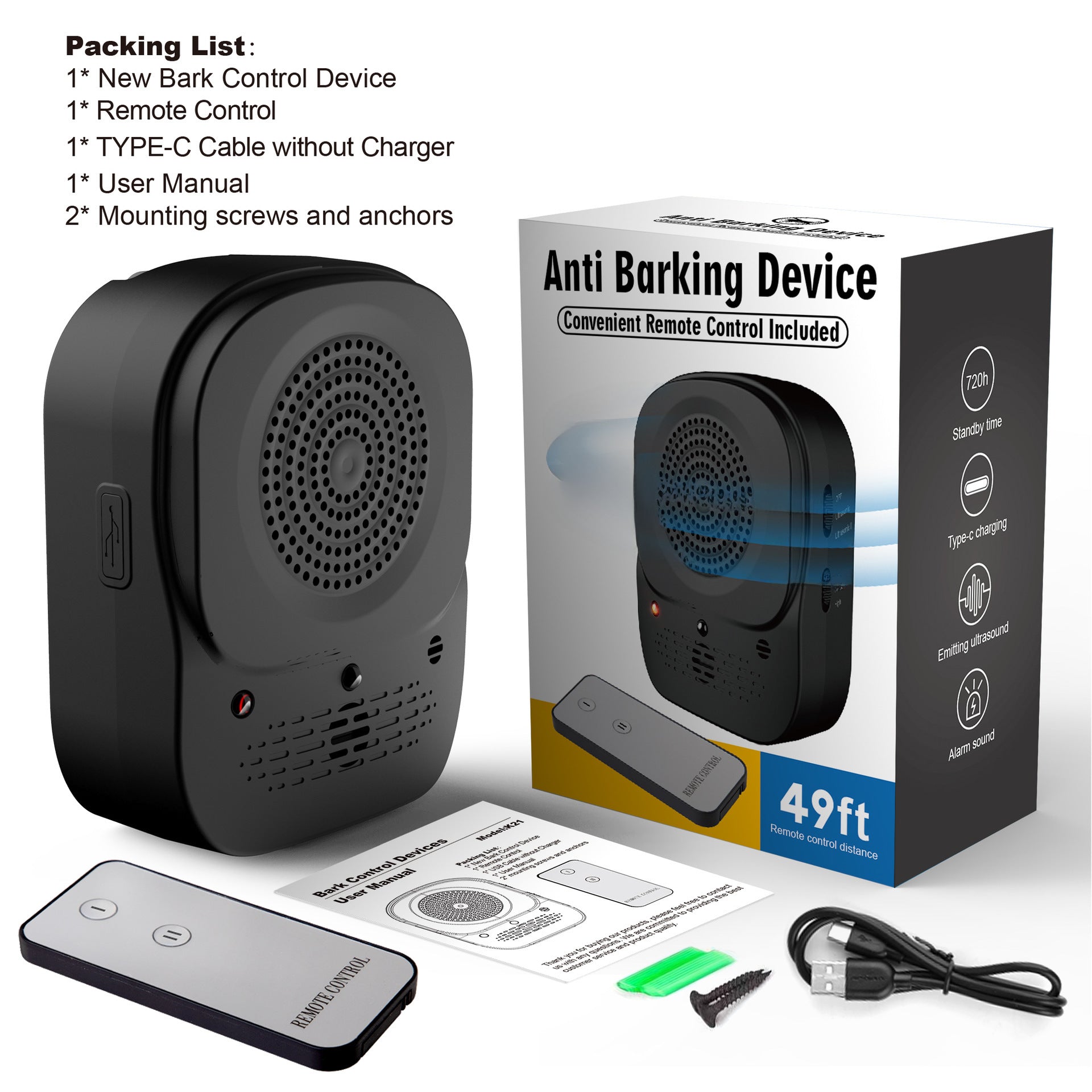 Anti-barking device shown with its retail box, remote control, USB-C cable, user manual, and mounting screws laid out as a packing list.
