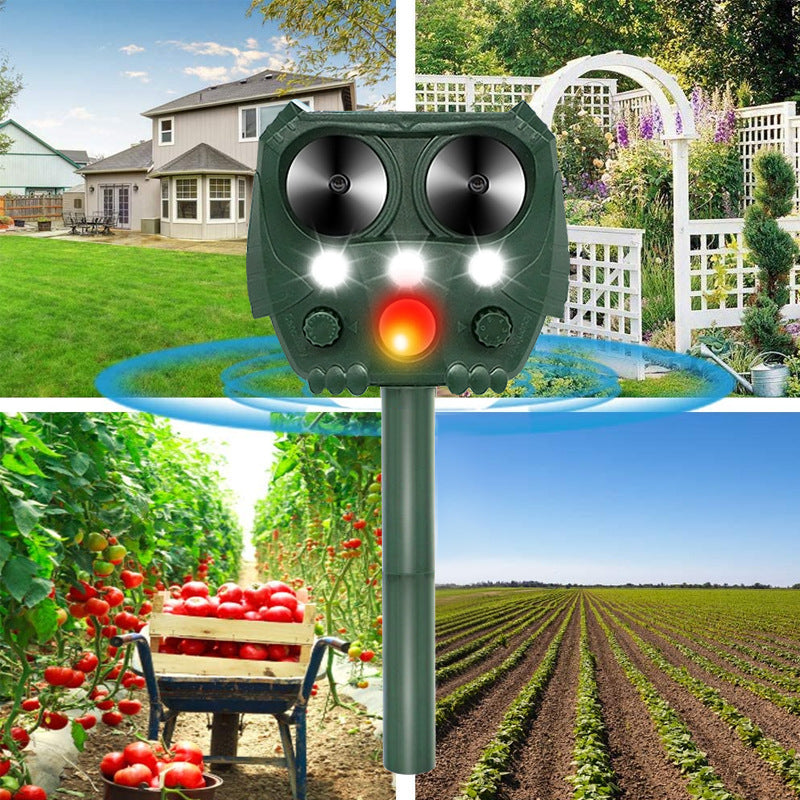 Collage of the green solar repellent with LED flashes and red sensor lit, shown against four settings: a backyard, a garden, a tomato greenhouse, and a crop field.