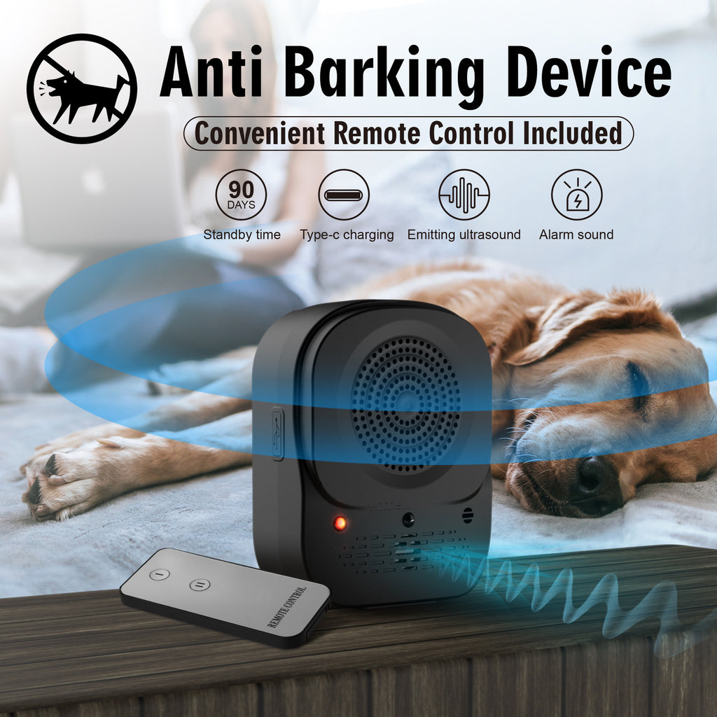 Black ultrasonic anti-barking device beside its packaging and remote, with a 49 ft range graphic and feature icons for standby, charging, and alarm sound.