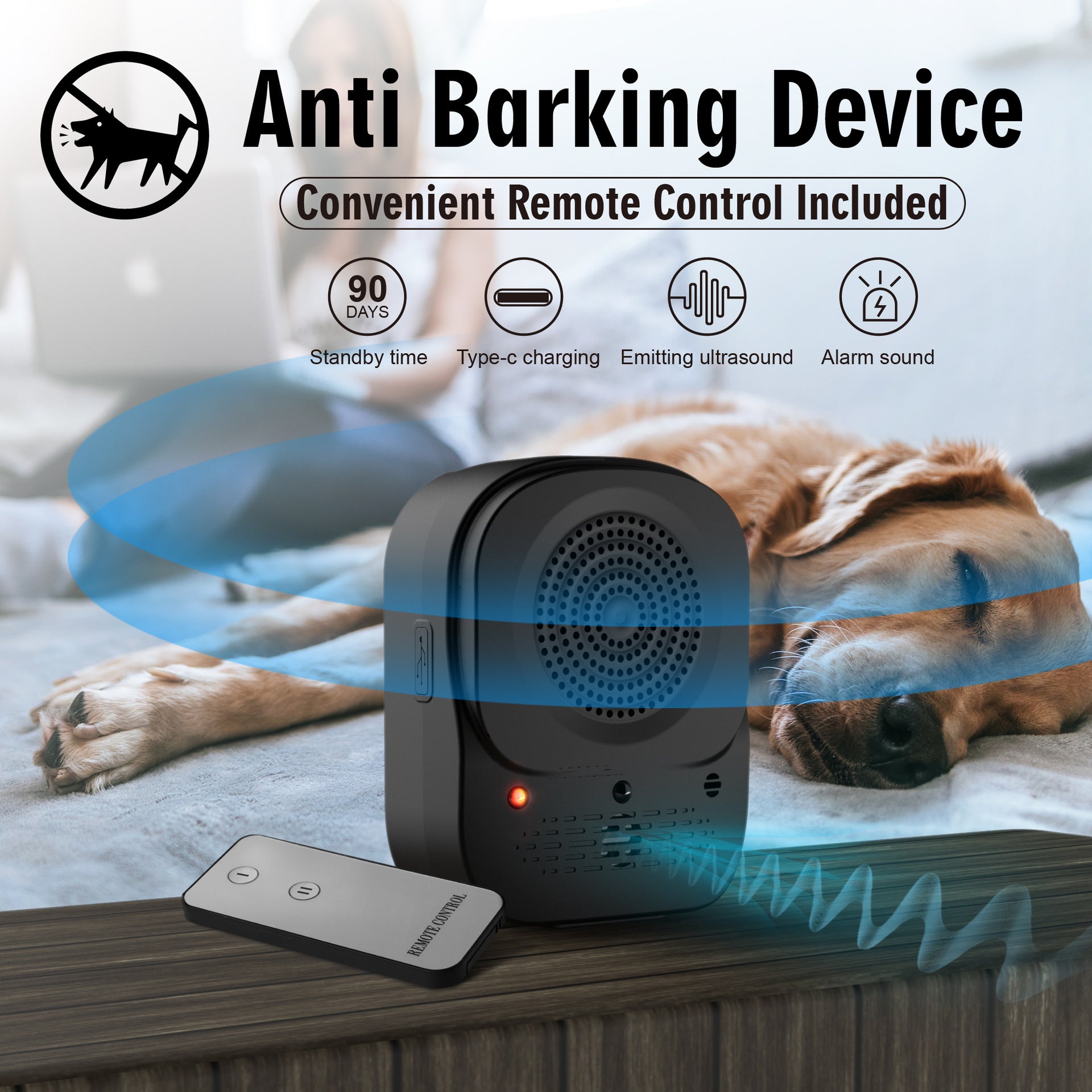 Black ultrasonic anti-barking device beside its packaging and remote, with a 49 ft range graphic and feature icons for standby, charging, and alarm sound.