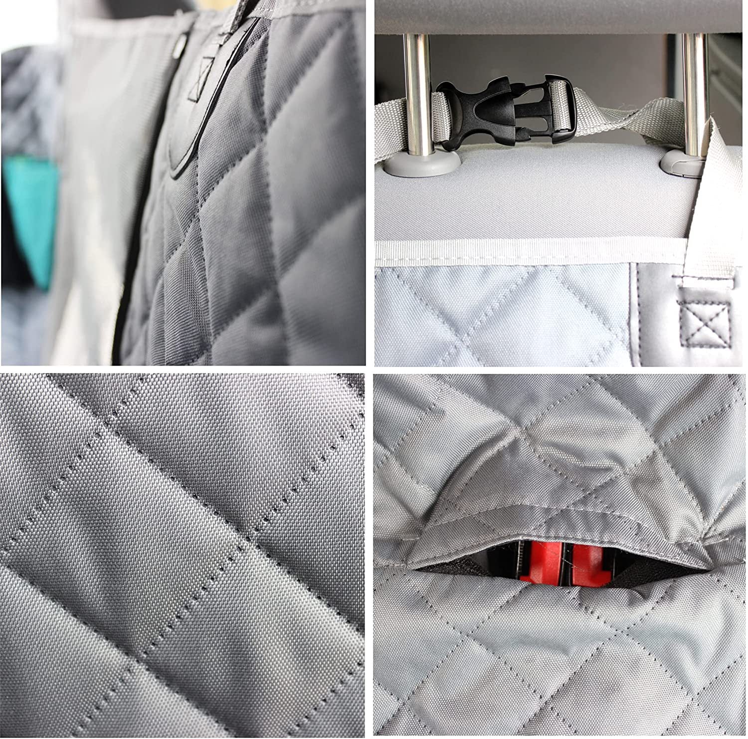 Close-up detail collage of the dog car seat cover showing the side storage pocket and zipper, headrest strap with quick-release buckle, quilted Oxford fabric stitching, and a seat-belt opening slot