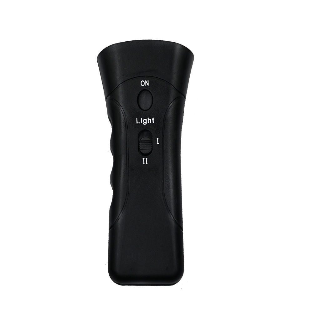 Front view of the black handheld ultrasonic dog trainer on a white background, showing the ON button, Light label, and the I/II mode selector slider.