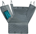 Grey dog car seat cover hammock fully opened, showing the quilted surface and mesh side pocket