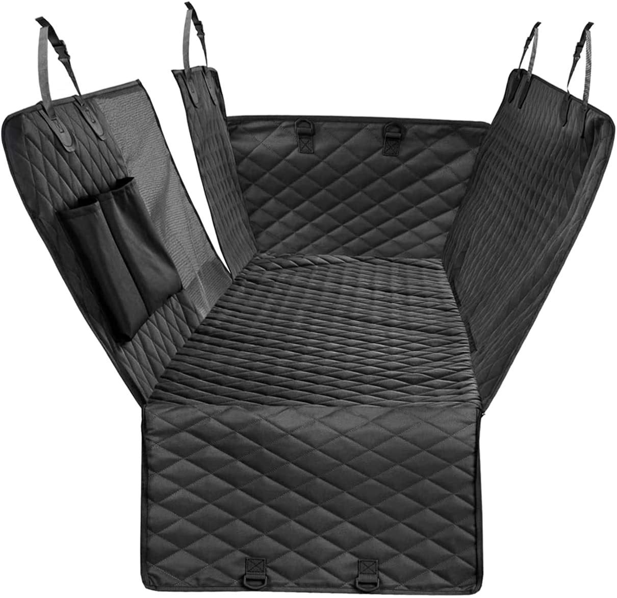 Black dog car seat cover hammock fully opened, showing the quilted surface and side flaps
