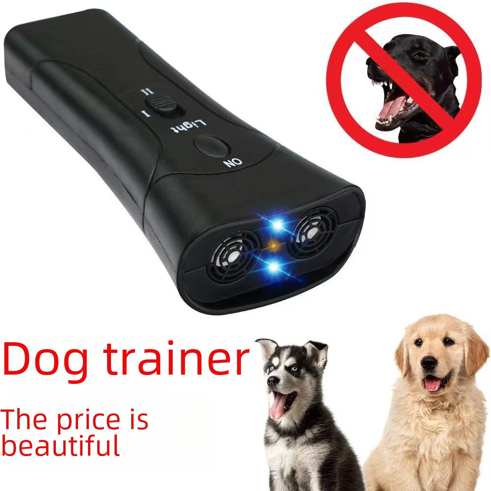 Ultrasonic dog trainer with glowing blue LED emitters and mode and light controls, beside a no-barking symbol over a dog and two puppies looking on.